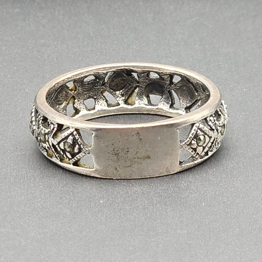 VTG Sterling Silver & Marcasite Lace Filigree 6.3mm Band Ring Size 7.5 Signed - Picture 3 of 7